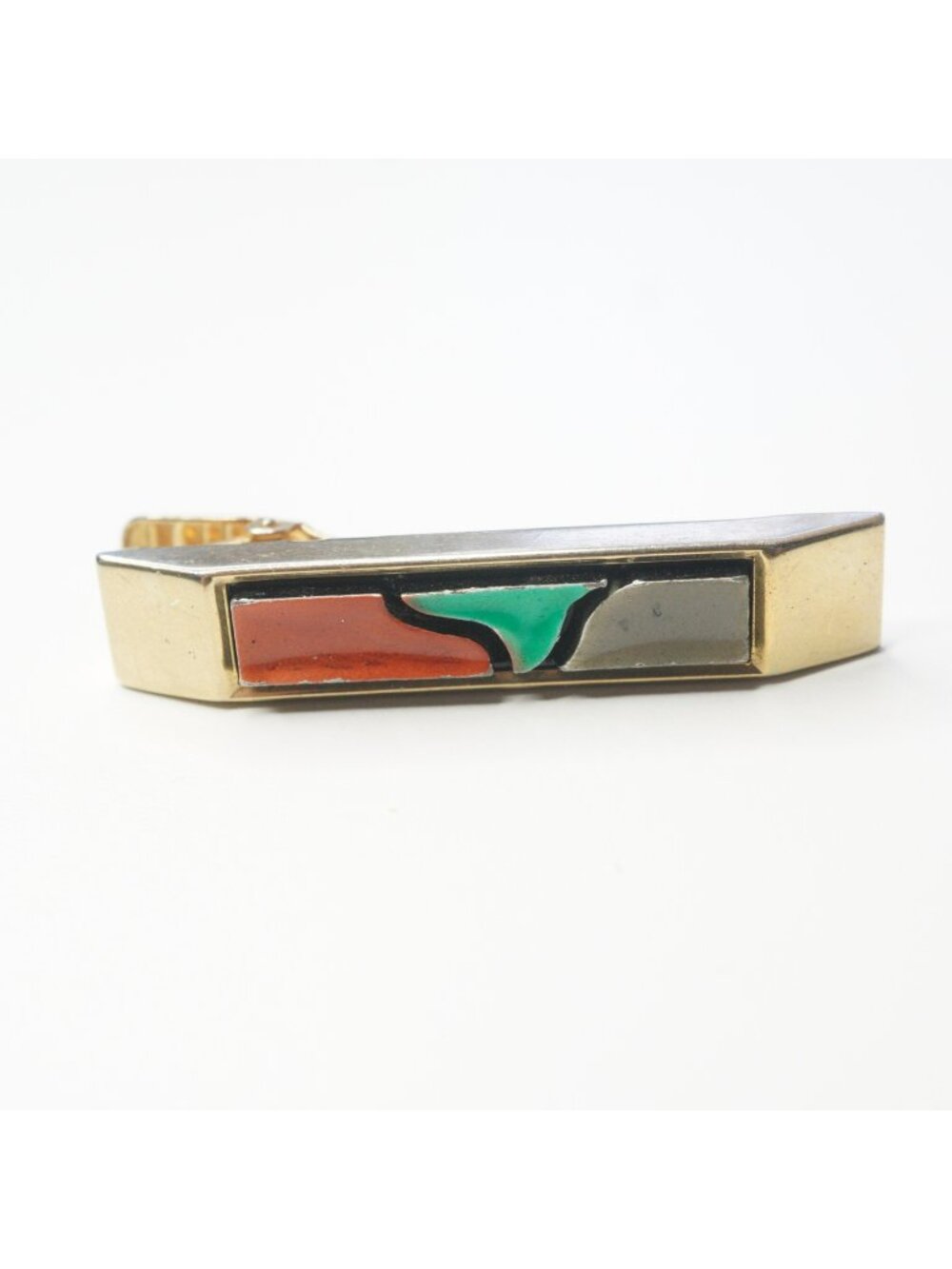 Vintage Anson Gold Tone Tie Clip Abstract Enamel Modernist Tie Bar Brown Green G